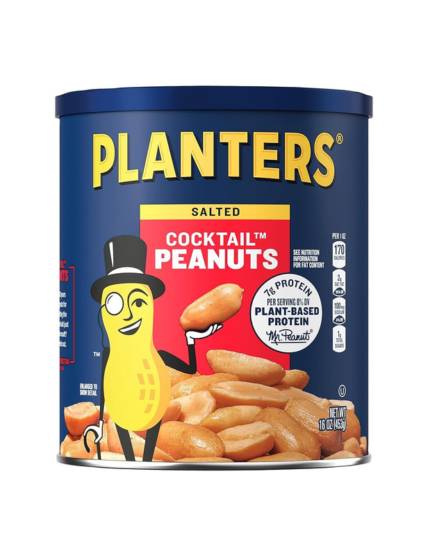 Salted Cocktail Peanuts, Party Snacks, Plant Based Protein 16Oz (1 Canister)