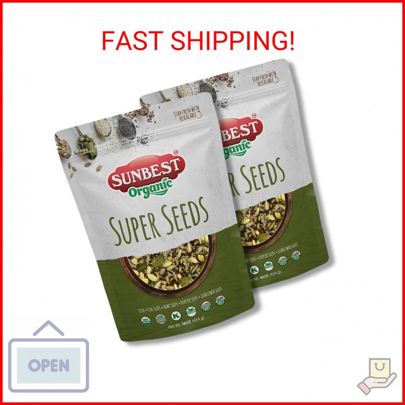 Sunbest Natural Organic Super Seeds Mix, 2-Pack – Raw Chia, Flax Seed, Hemp, Pum