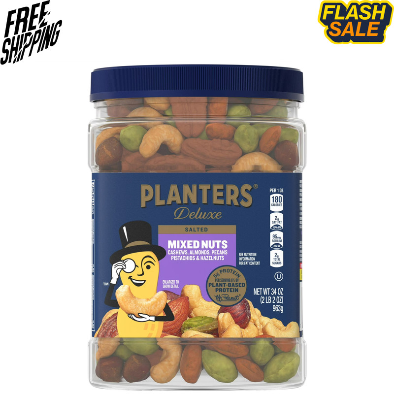 PLANTERS Deluxe Salted Mixed Nuts Plant Protein Snack Jar, 34 oz