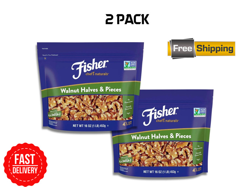 Fisher Chef’s Naturals Walnut Halves & Pieces 1 lb, Unsalted Walnuts for Baking
