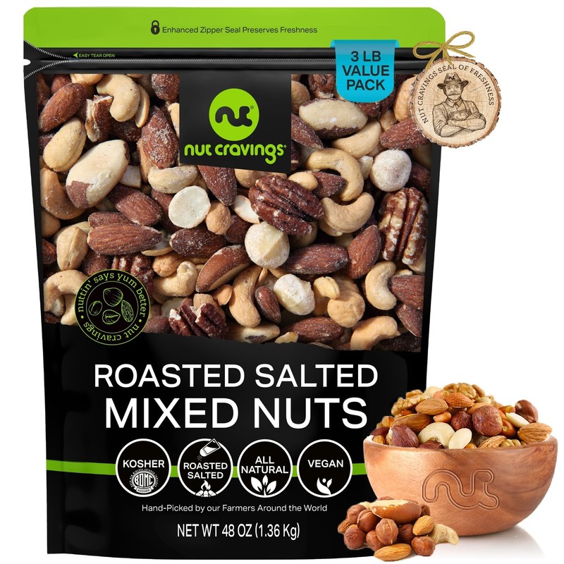 Roasted & Salted Mixed Nuts - Brazil, Pecan, Almond, Hazelnut, Cashew (48oz - 3