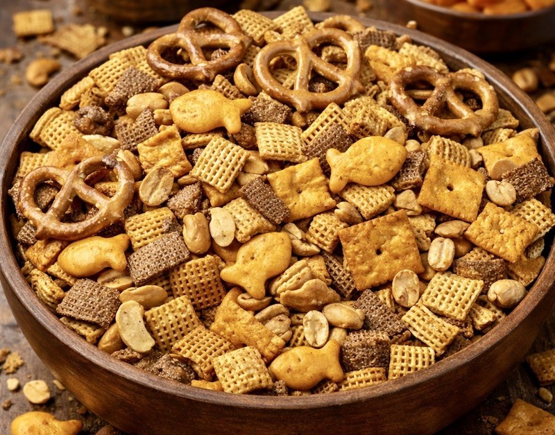 Homemade Chex Mix. 2-32oz containers Of Mixed Chex, Cheese Crackers, Nuts, Etc.