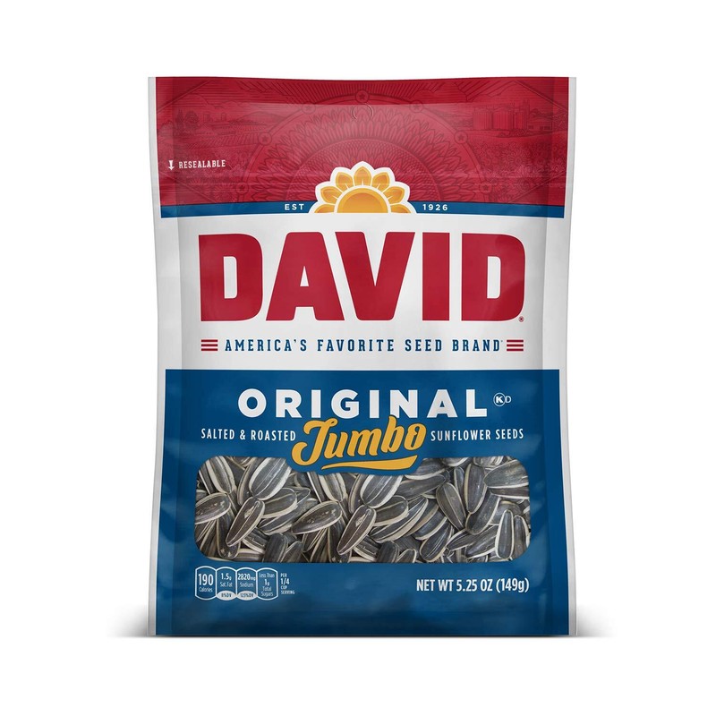 DAVID Jumbo Salted Roasted Sunflower Seeds 12 Pack 5.25 Ounce Snack Bags