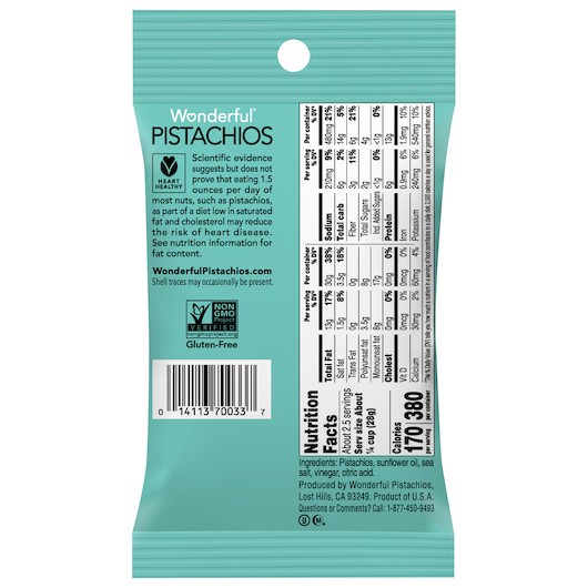 Wonderful Pistachios Sea Salt & Vinegar, 2.25 Ounces, 24 Per Case gallery