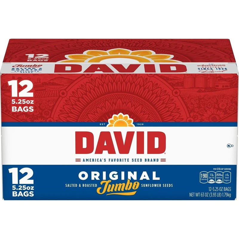 David Jumbo Sunflower Seeds Roasted & Salted 5.25 oz 12 Pack Snack Bulk