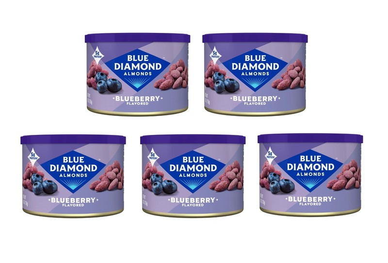 5 Pack Blue Diamond Blueberry Roasted Almonds 6 oz Cans Crunchy Snack Kosher