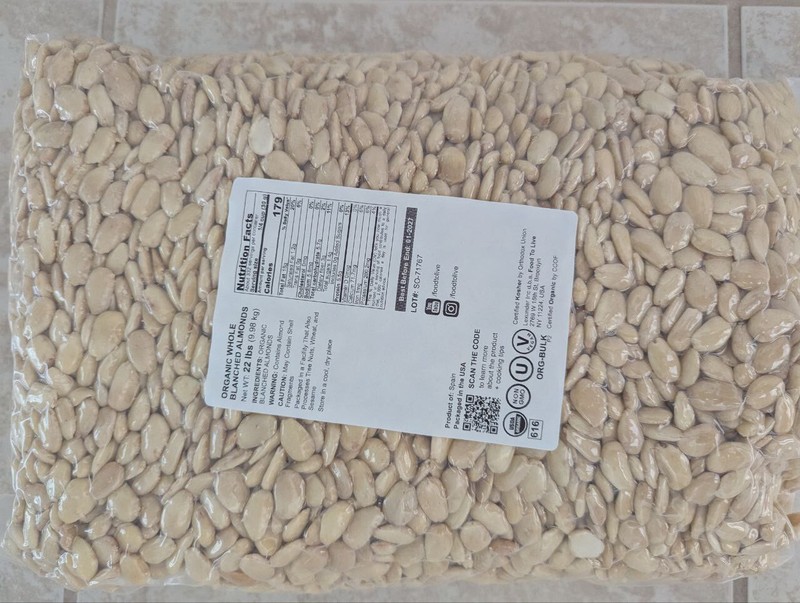 Organic Whole Blanched Almonds, 22 lbs