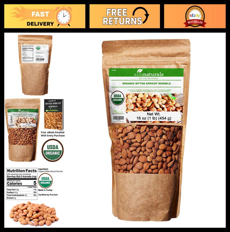 Organic Raw Bitter Apricot Kernels 1LB – USDA Certified, Healthy Snack, Turkey