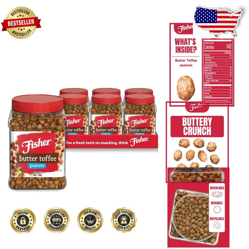 Gourmet Butter Toffee Peanuts 6x42oz - 100% Recyclable Jars, Kosher, Rich Flavor