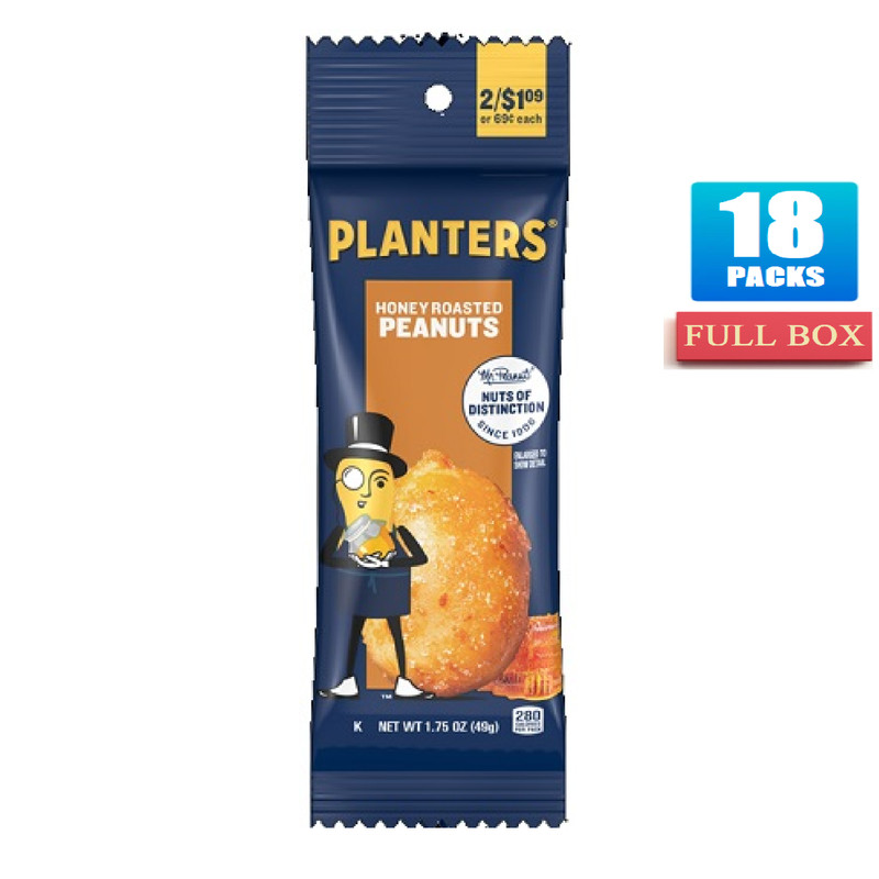 18x Packs Planters Honey Roasted Peanuts Tube – 1.75oz Each