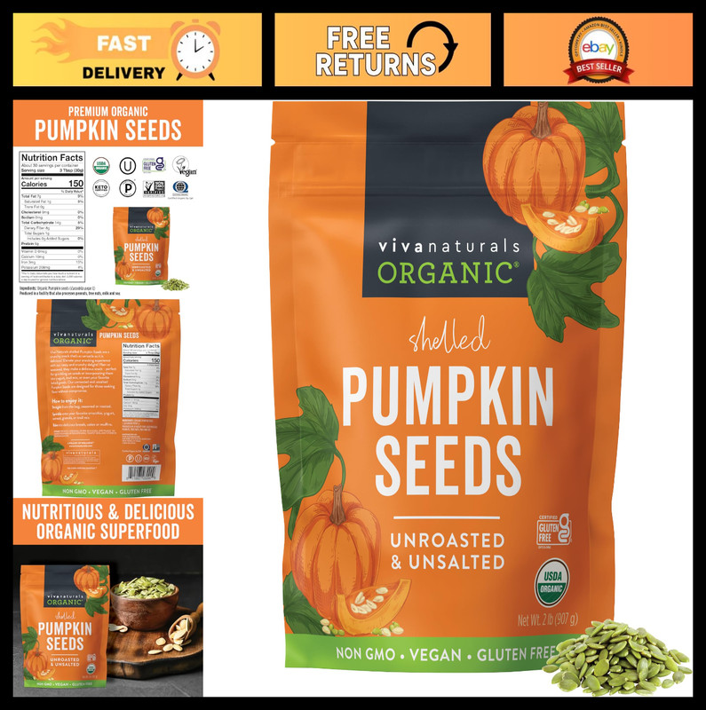 Organic Pumpkin Seeds 2 lb – Shelled, Unroasted, Unsalted, Non-GMO, Vegan, High