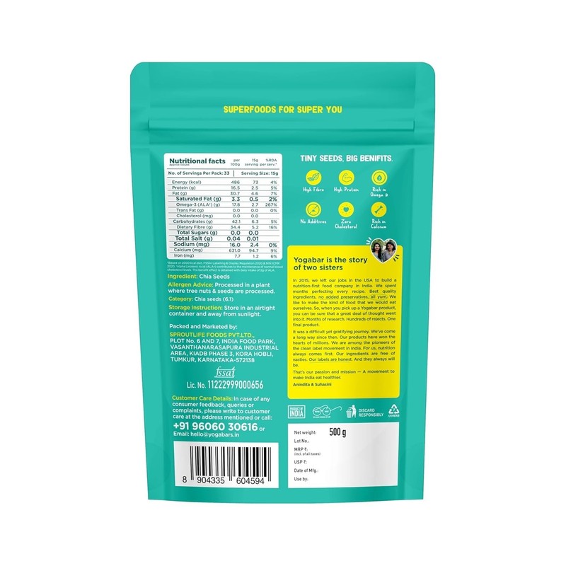 Yogabar Chia Seeds 1kg (2x500g) | Calcium, Iron, Zinc | Healthy Snacks gallery