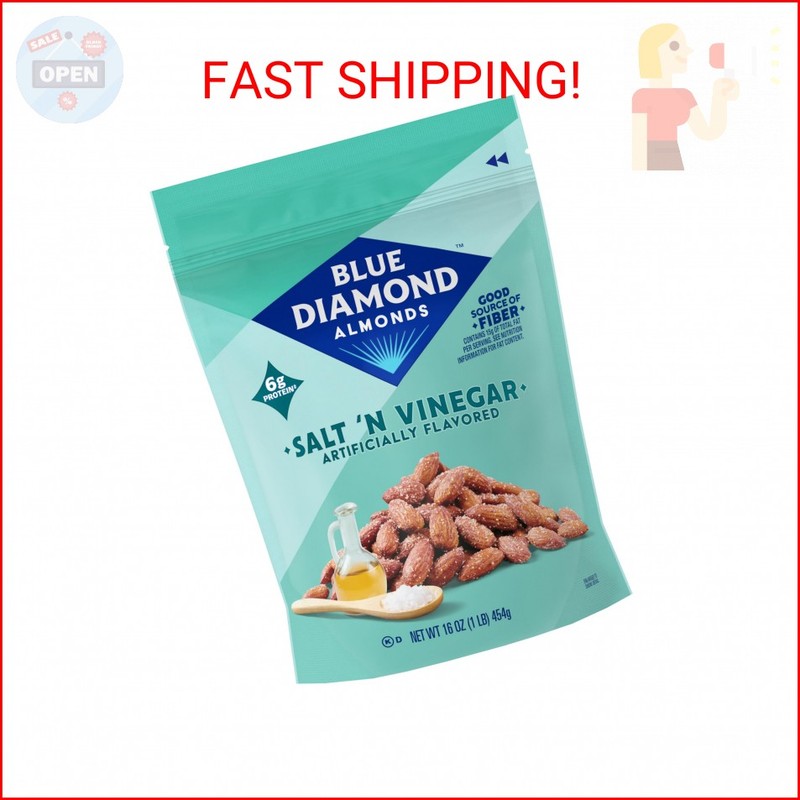Blue Diamond Almonds Salt N’ Vinegar Flavored Snack Nuts, 16 Oz Resealable Bag (