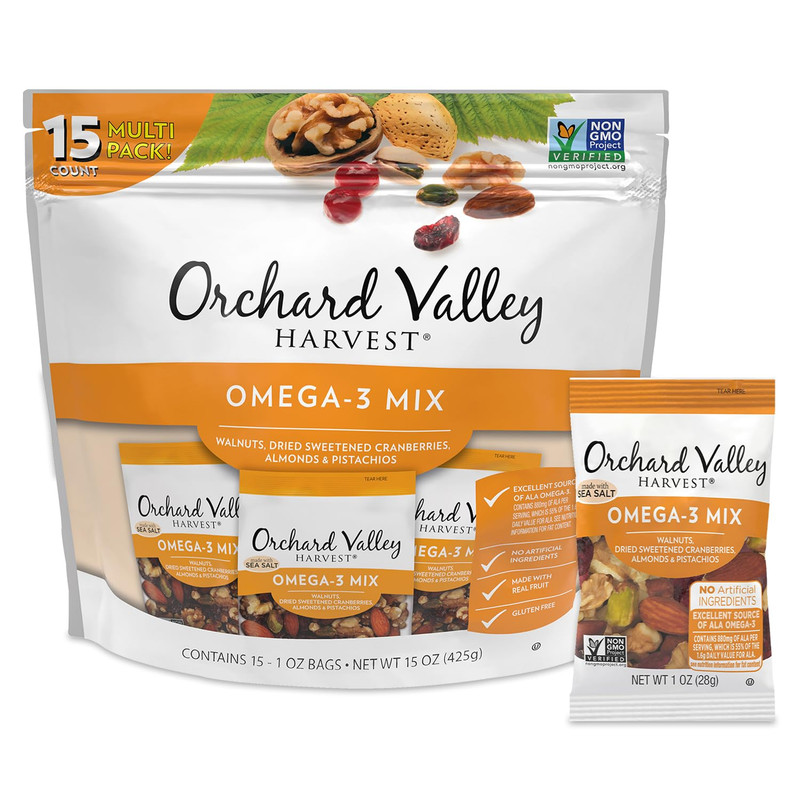 Orchard Valley Harvest Omega-3 Mix, 1 Ounce Bags (Pack of 15), Walnuts, Cranberr