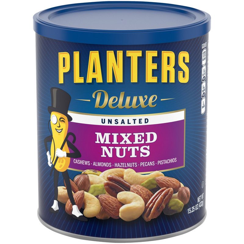 Planters Deluxe Unsalted Mixed Nuts, 15.25 Ounce Resealable Canister New