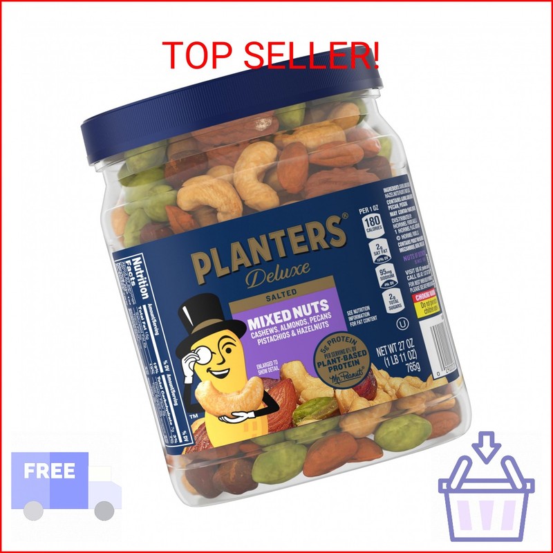 PLANTERS Deluxe Mixed Nuts with Sea Salt, 27 oz Resealable Container – Variety M