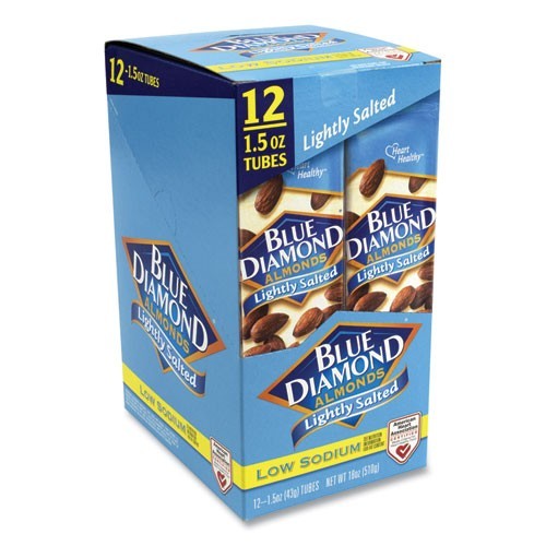 Blue Diamond Low Sodium Lightly Salted Almonds, 1.5 oz Tube, 12 Tubes/Carton