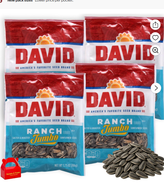 DAVID Jumbo Ranch Sunflower Seeds, 4-Pack (3.7 oz. Each