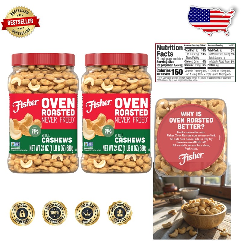 Elite Whole Cashews 24oz – Oven Roasted, No Oil, Gluten Free, 2 Canisters