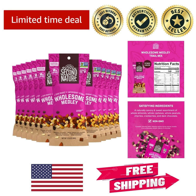 Wholesome Medley Trail Mix – 12 Gluten-Free Snack Packs of 2.25 oz Delights