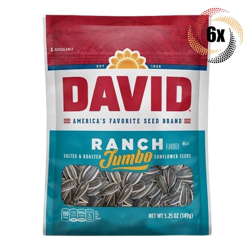 6x Bags David Jumbo Ranch Flavor Sunflower Seed Bags | 5.25oz | Salted & Roasted