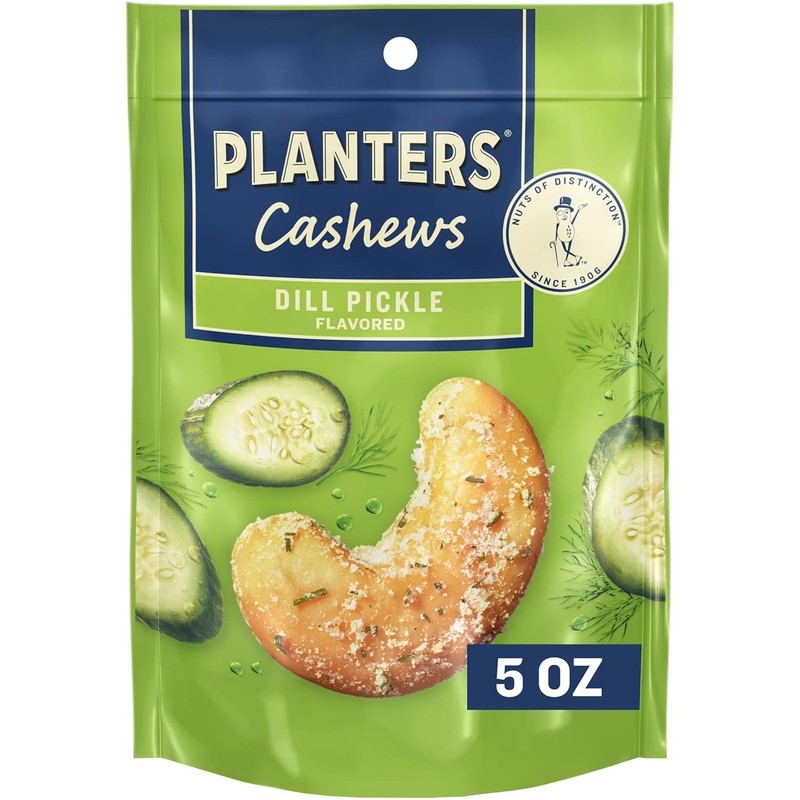 PLANTERS Cashews Dill Pickle flavor, 5oz snack pack. Great for parties & travel.