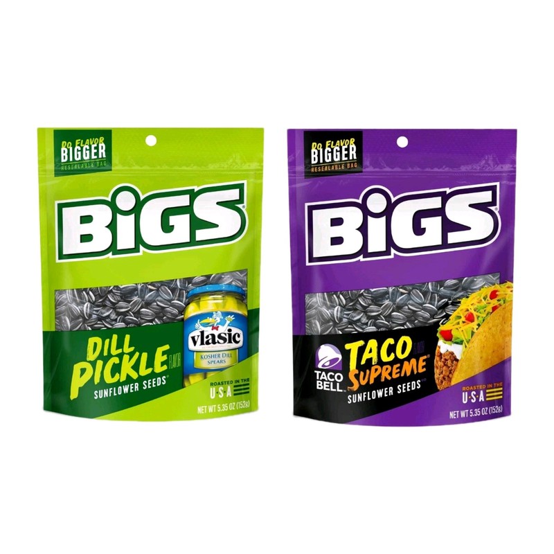 2x Bigs Sunflower Seeds Bags 5.35oz Dill Pickle & Taco Supreme Do Flavor Bigger