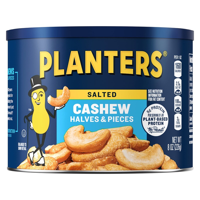 Planters Salted Cashew Halves 8oz Resealable Canister Nutritious Snack