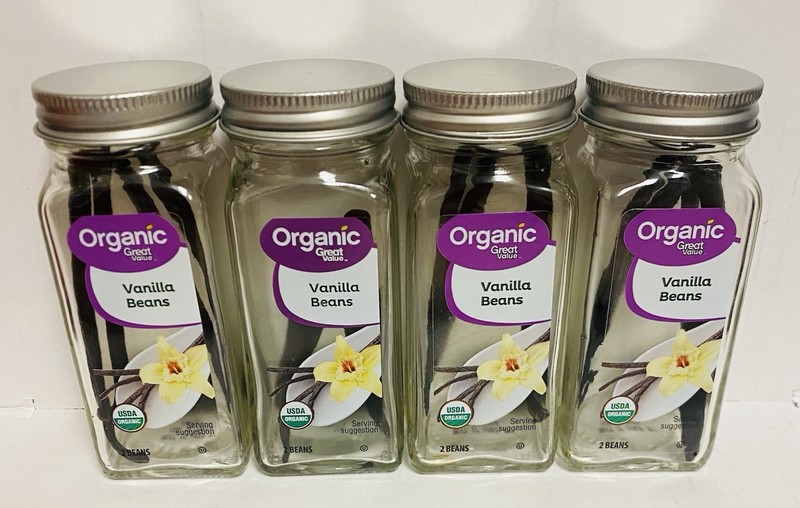 4 New Sealed Jars ofGREAT VALUE USDA ORGANIC VANILLA BEANS 2 Beans Per Jar