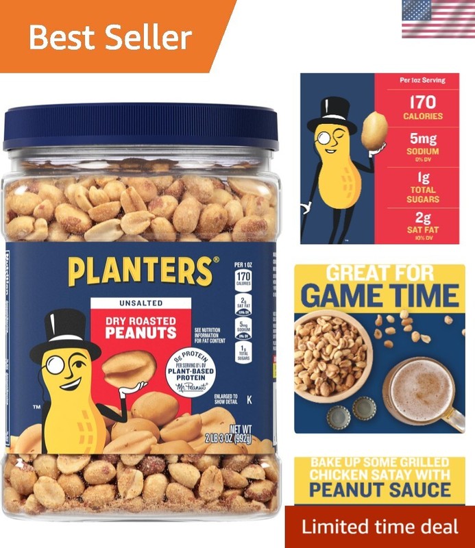 35 oz Resealable Canister of Unsalted Dry Roasted Peanuts – Healthy Snack