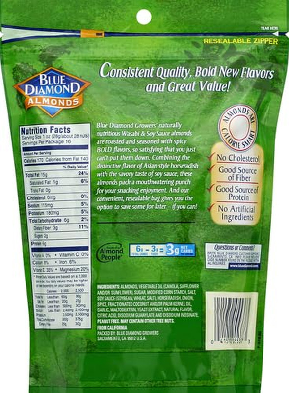 Blue Diamond Almonds Wasabi & Soy Sauce Snack Nuts, Resealable Bag, 16 Oz gallery