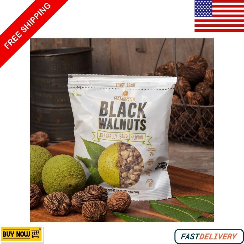 Hammons Hand-Harvested Wild Black Walnuts | Large Pieces | 12 oz Resealable Bag