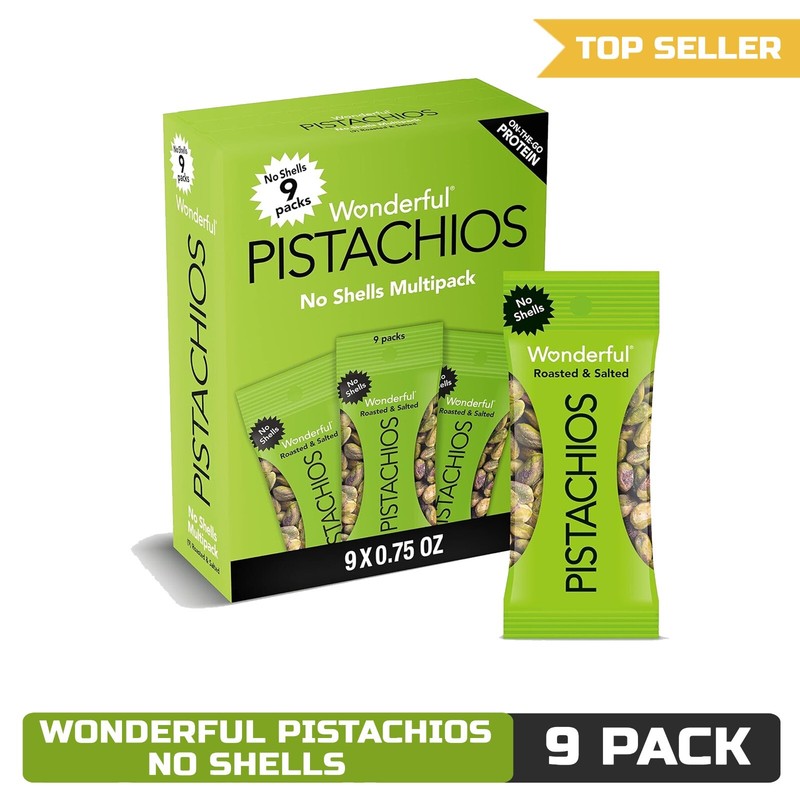 Wonderful Pistachios No Shells, Roasted & Salted, 0.75 Oz Bags, 9 Pack