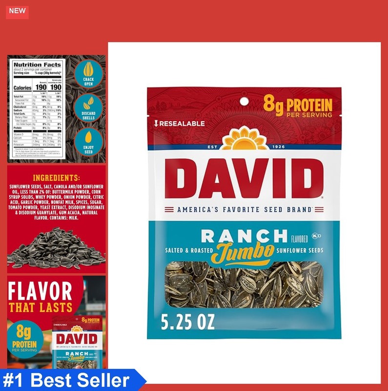 Jumbo Sunflower Seeds Ranch Flavor 5.25 oz Bag Salted Roasted Keto Snack