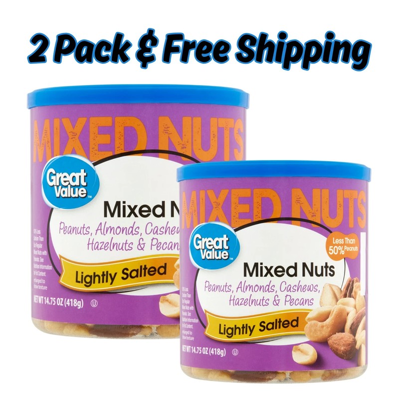 ( 2 PACK ) Great Value Roasted & Lightly Salted Mixed Nuts, 14.75 oz
