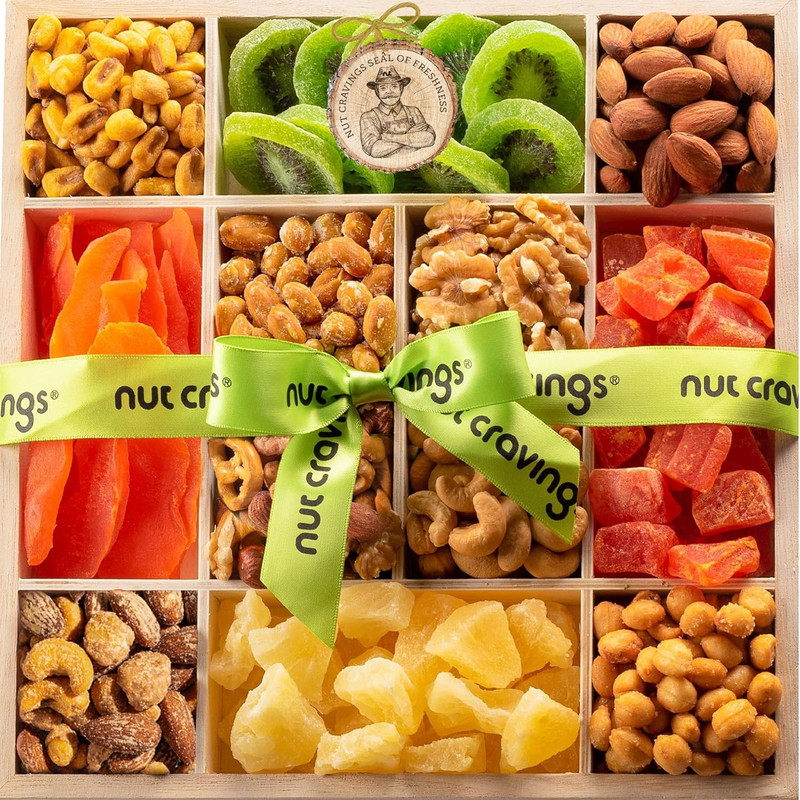 Dried Fruit & Mixed Nuts Gift Basket Wooden Tray 12 Assortment Holiday Snack Box
