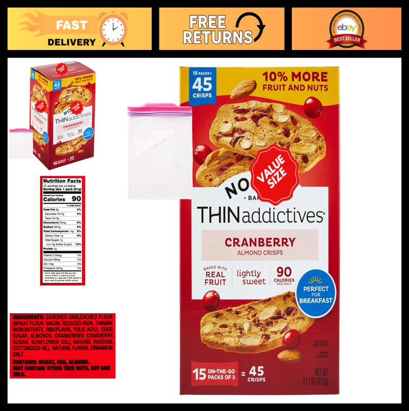 Cranberry Almond Crisps 15 Pack – 11.1 oz Healthy Snack with Storage Bag