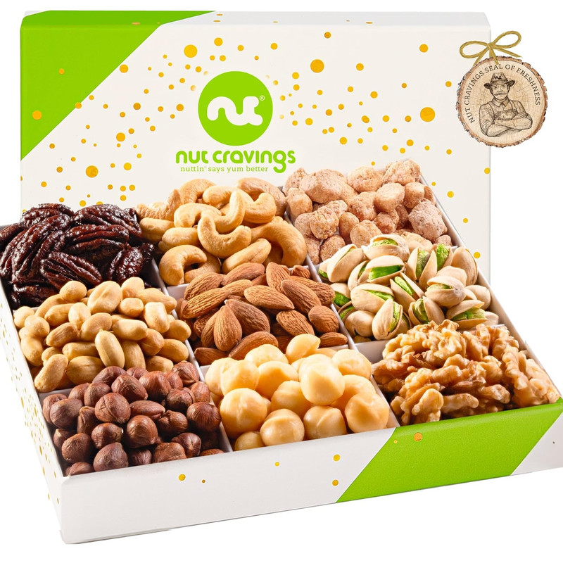 NUT CRAVINGS - Mixed Nuts Gift Basket in White Gold Box (9 Assortments) Treats f
