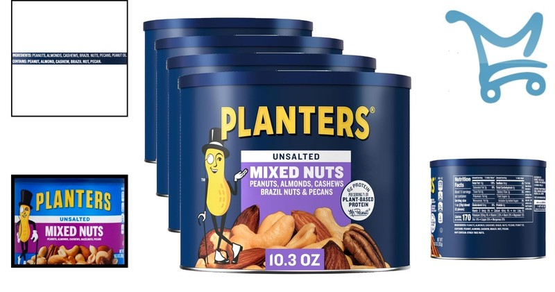 Mixed Nuts Unsalted 10.3 oz Canister Pack of 4 Plant-Based Protein Snack gallery