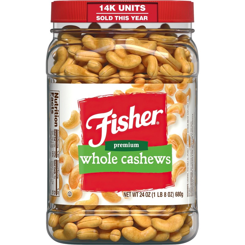 Fisher Snack Premium Whole Cashews, 24 Ounces, Roasted with Sea Salt, No Arti…