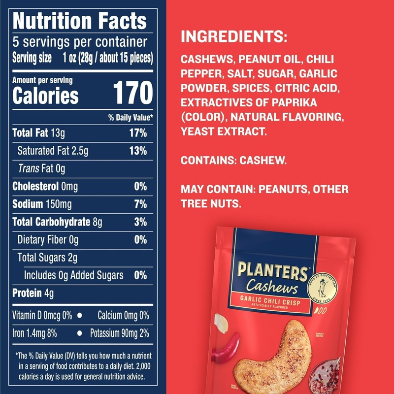 PLANTERS Garlic Chili Crisp Flavored Cashews, 5 oz Resealable Bag gallery