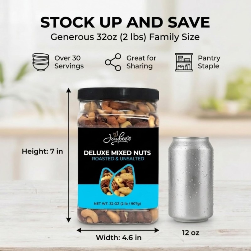 Jaybee s Unsalted Mixed Nuts 32 oz Deluxe No Peanuts gallery