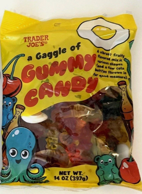 Trader Joe’s A Gaggle of Gummy Candy 14 Oz Each Eggs Bears Cherries Octopus