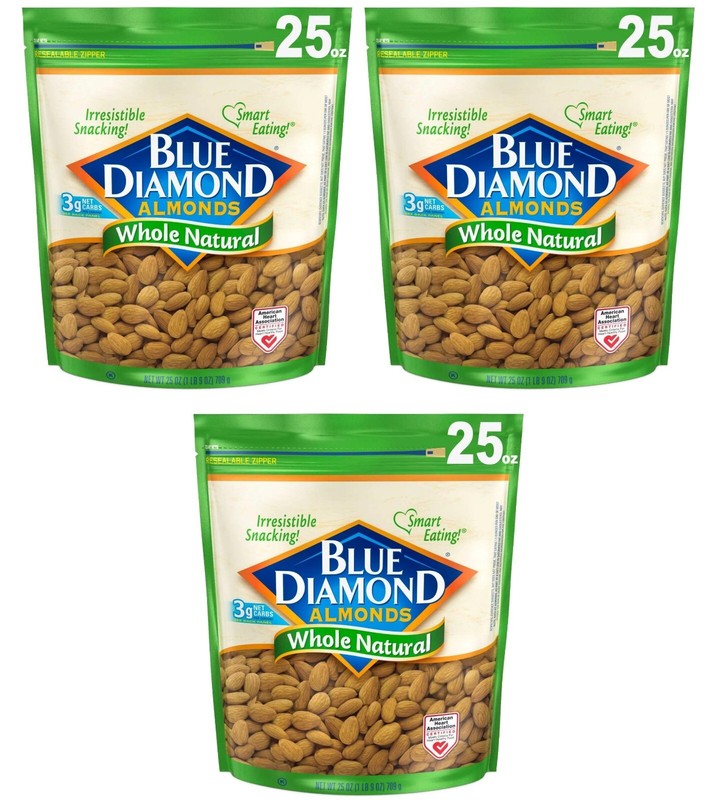 3 Pack Blue Diamond Whole Raw Natural Almonds Heart Healthy Snack Size 25 Oz Bag
