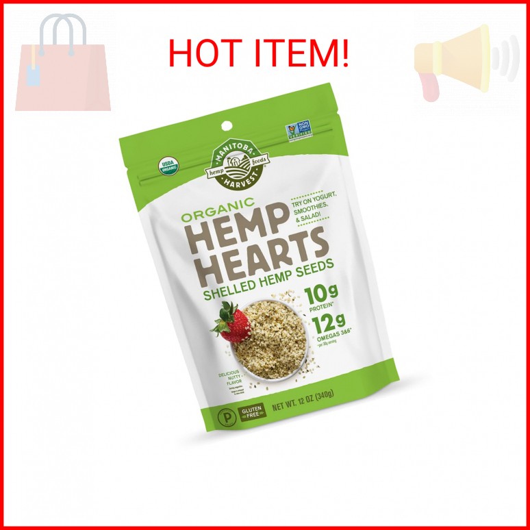 Manitoba Harvest Organic Hemp Hearts, 12oz, 10g Plant Based Protein and 12g Omeg