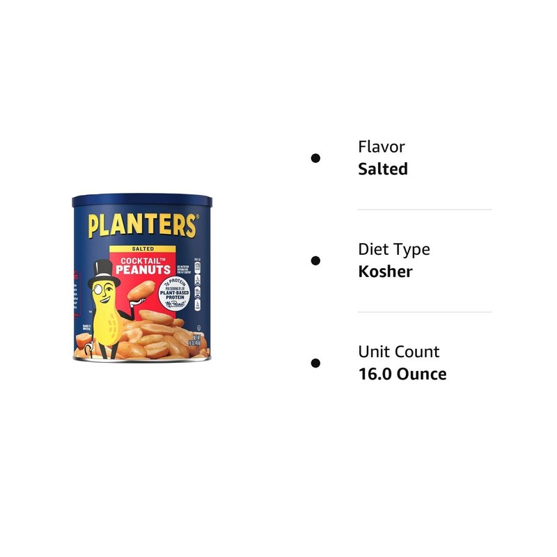 Salted Cocktail Peanuts, Party Snacks, Plant Based Protein 16Oz (1 Canister) gallery