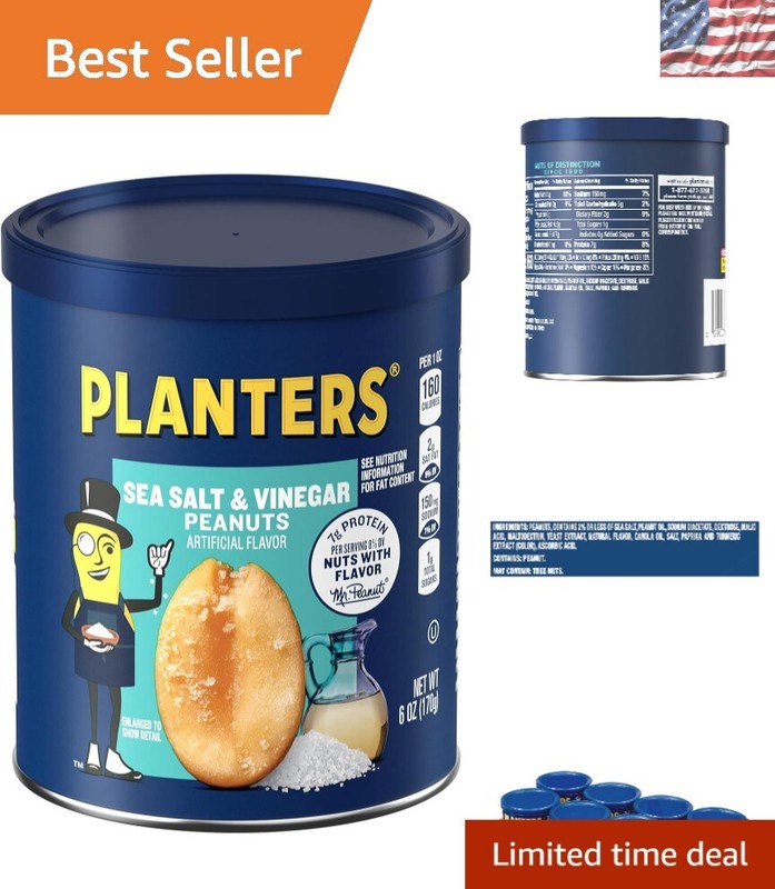 Deliciously Tangy Sea Salt & Vinegar Peanuts – Resealable 6 oz Canisters, 8 Pack