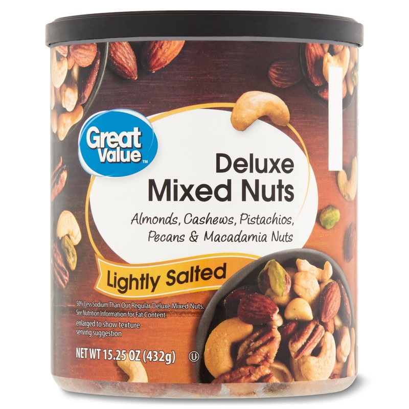 Great Value Lightly Salted, Deluxe Mixed Nuts, 15.25 oz,Lightly seasoned