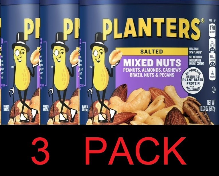 Planters SALTED Mixed Nuts Peanuts Almonds Pecans Cashews 10.3 oz Can – 3 PACK