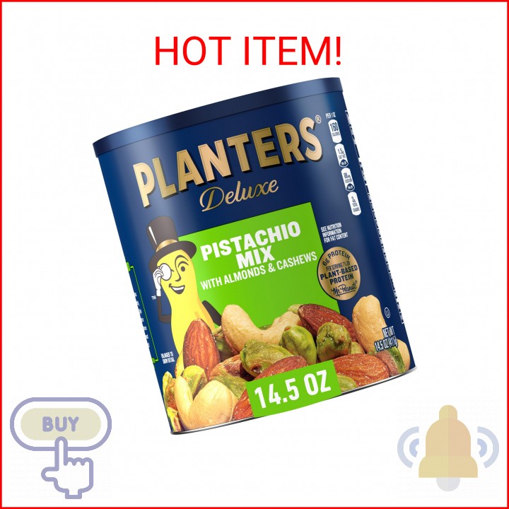 PLANTERS Deluxe Pistachio Mix, Party Snacks, Plant-Based Protein, 14.5 Oz Canist